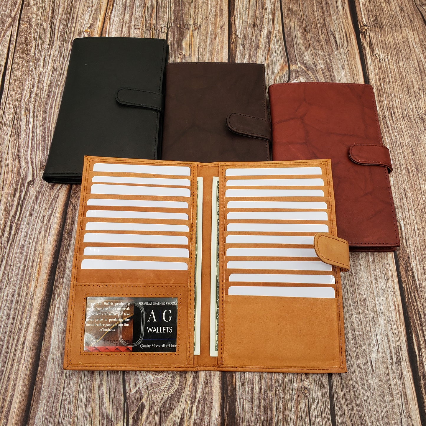 AG Wallets Cowhide RFID 20 Card Holder Long Wallet Snap Close - 6 pack
