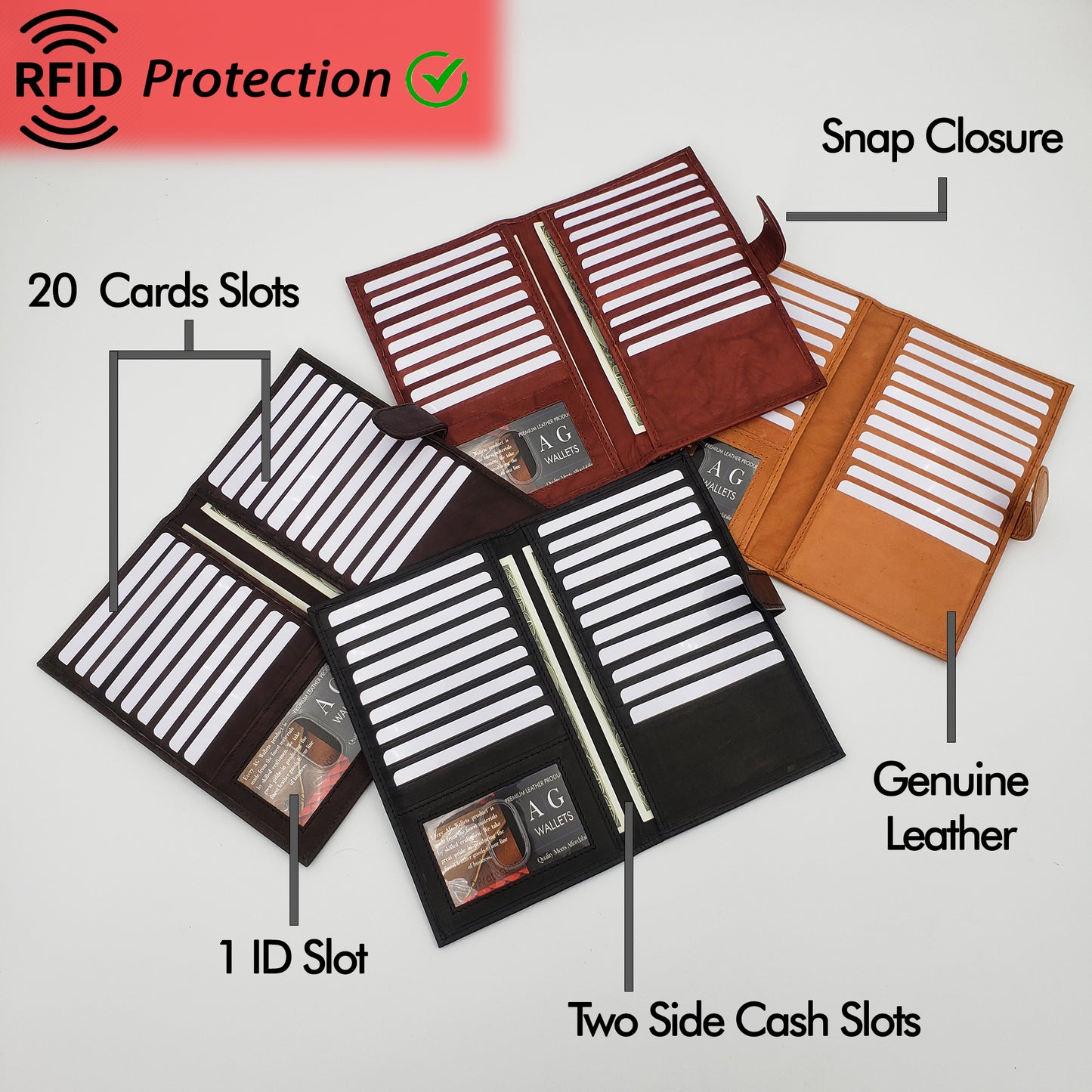 AG Wallets Cowhide RFID 20 Card Holder Long Wallet Snap Close - 6 pack