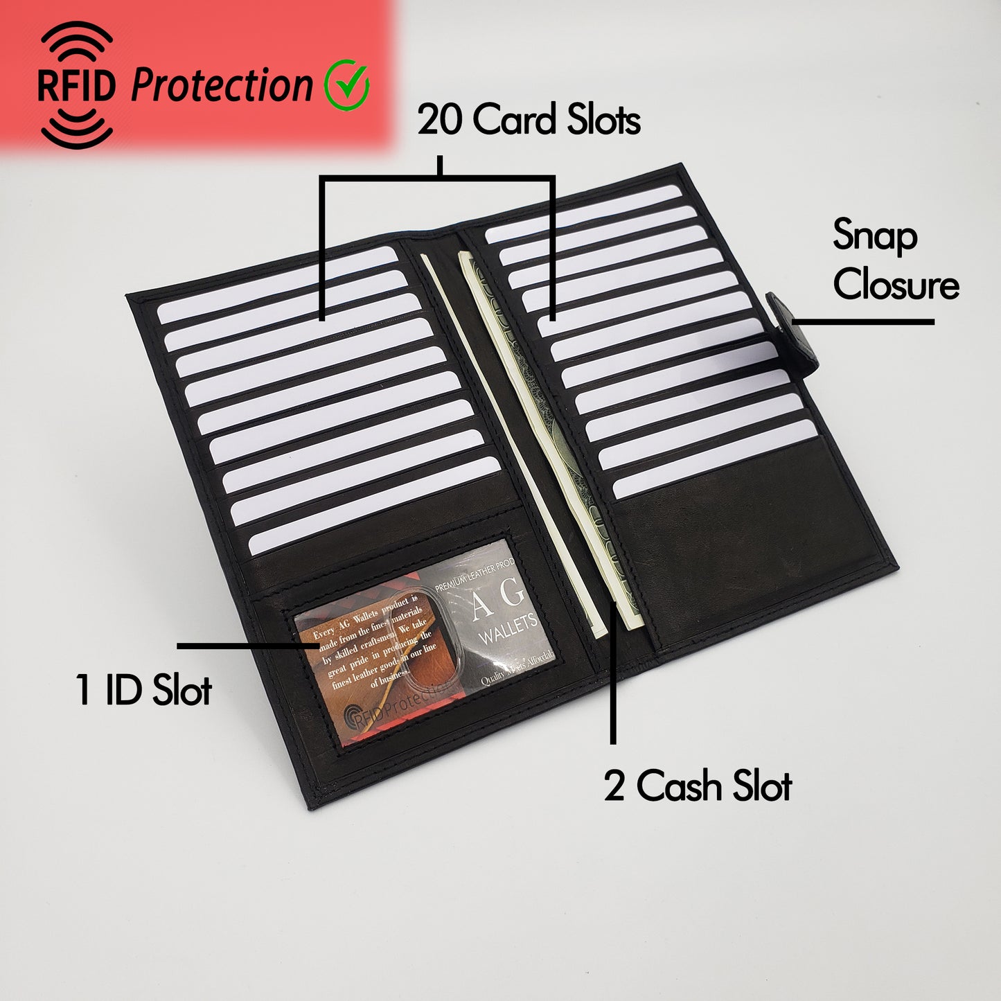 AG Wallets Cowhide RFID 20 Card Holder Long Wallet Snap Close - 6 pack