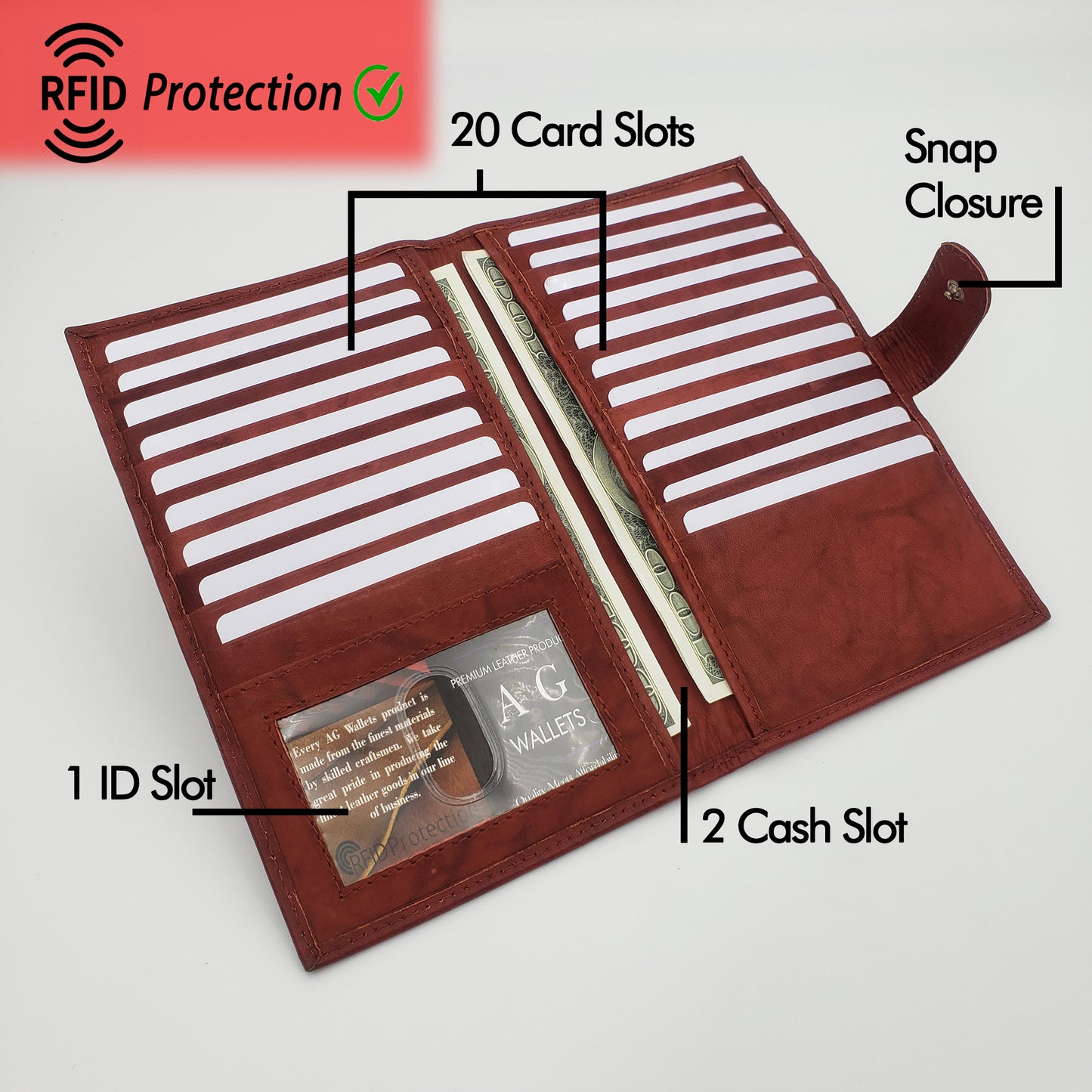 AG Wallets Cowhide RFID 20 Card Holder Long Wallet Snap Close - 6 pack