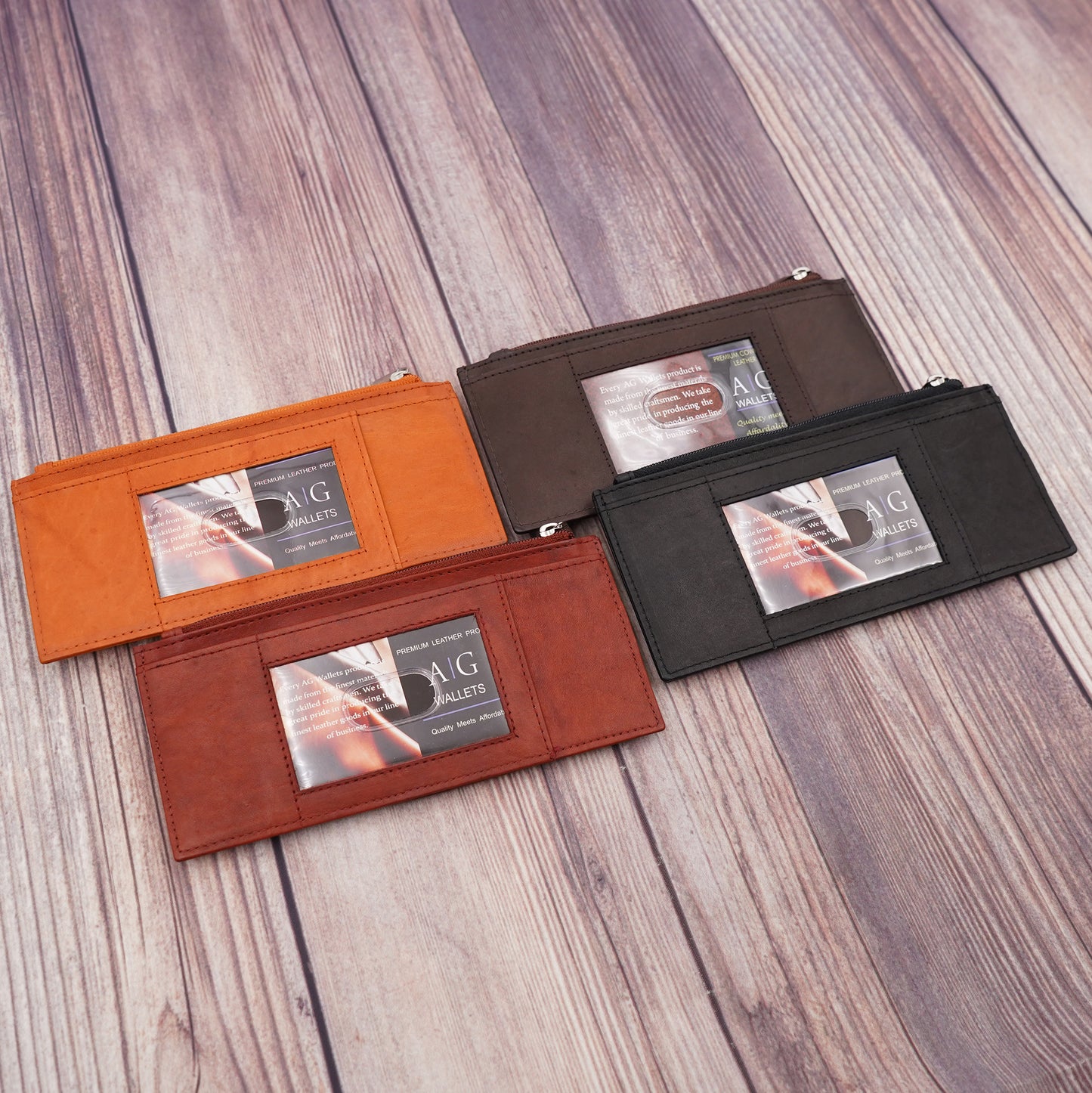 AG Wallets Women's Long Credit Card Holder With Side Zipper Pocket, Snap Close Black Cowhide Leather Wallet - 6 pack