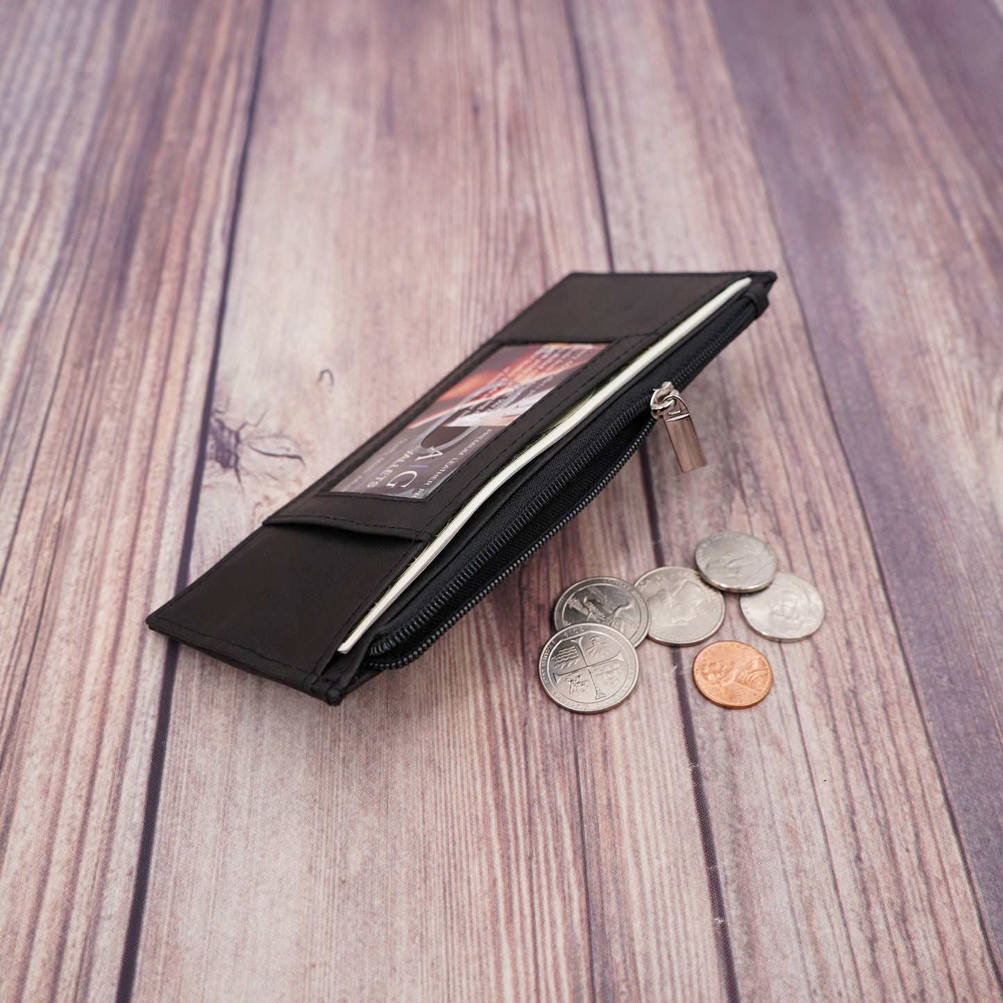 AG Wallets Women's Long Credit Card Holder With Side Zipper Pocket, Snap Close Black Cowhide Leather Wallet - 6 pack