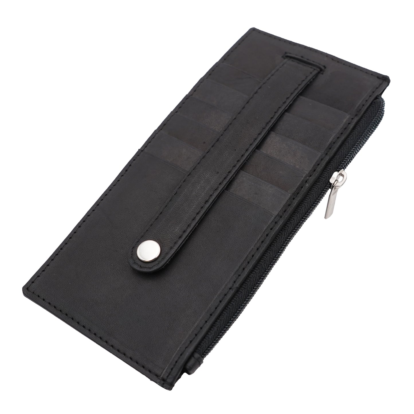 AG Wallets Women's Long Credit Card Holder With Side Zipper Pocket, Snap Close Black Cowhide Leather Wallet - 6 pack