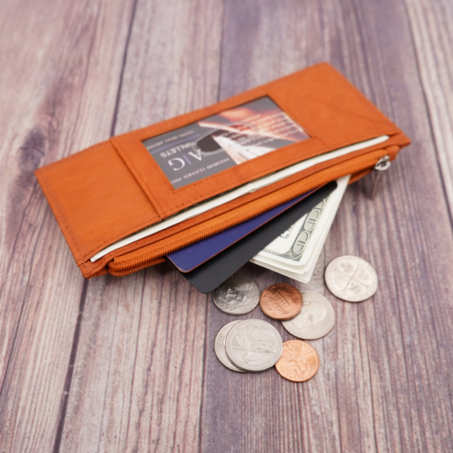 AG Wallets Women's Long Credit Card Holder With Side Zipper Pocket, Snap Close Black Cowhide Leather Wallet - 6 pack