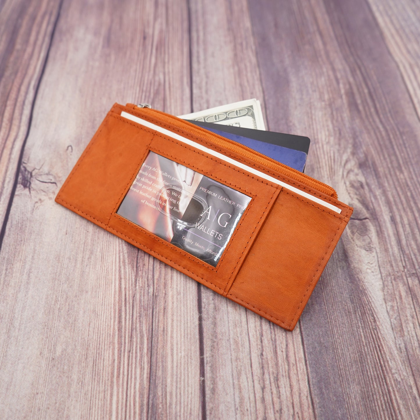 AG Wallets Women's Long Credit Card Holder With Side Zipper Pocket, Snap Close Black Cowhide Leather Wallet - 6 pack