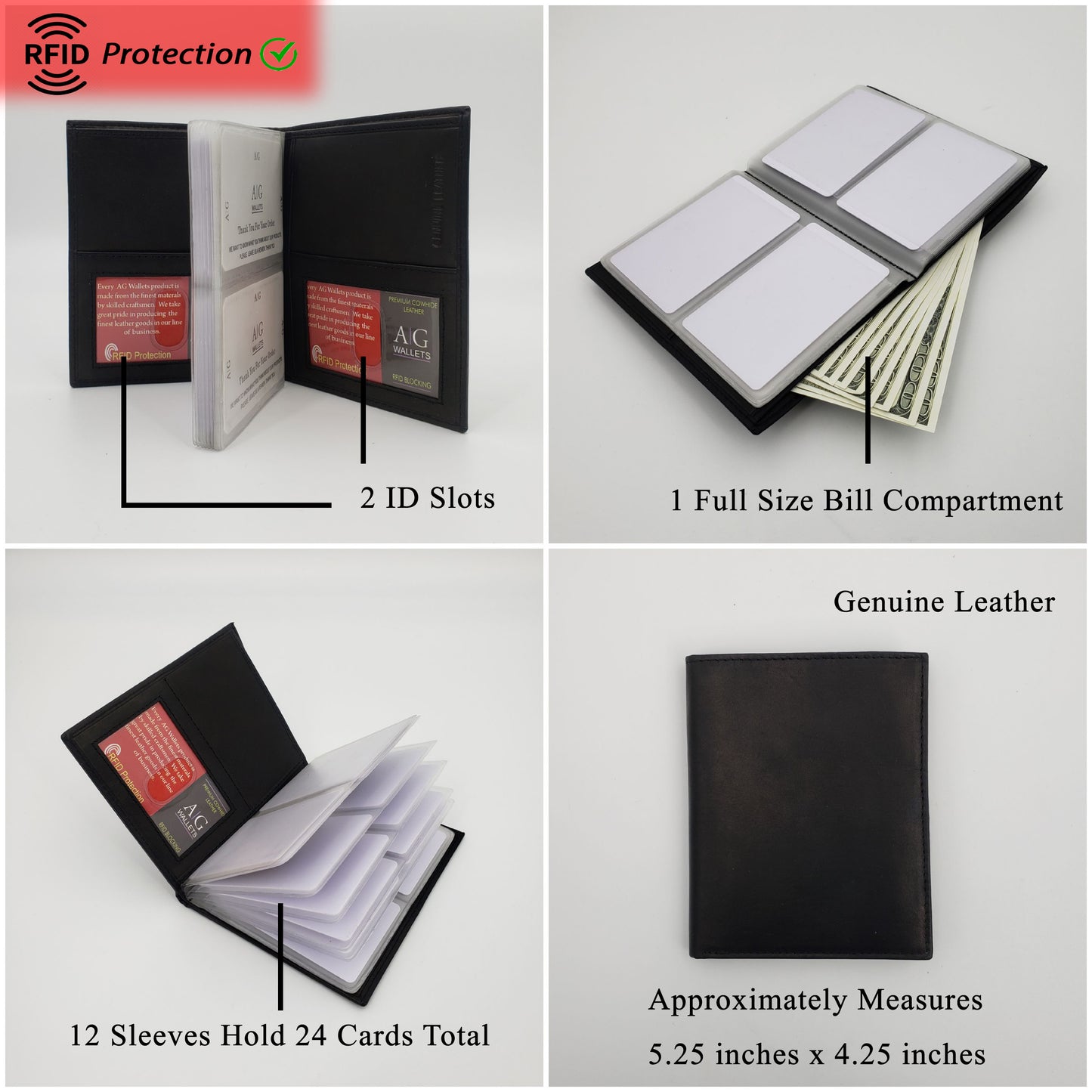 AG Wallets Mens RFID 2 ID European Hipster 24 Credit Card Holder - 6 pack, Style 1620